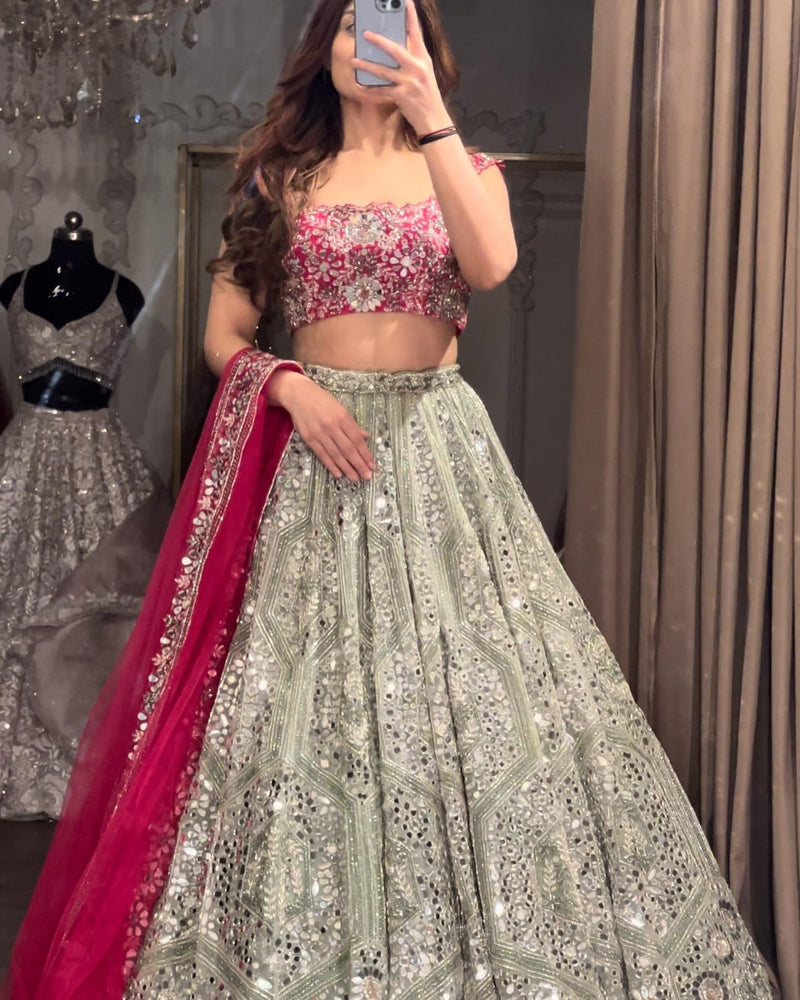Pink-Silver Premium Georgette Lehenga with Wiring Work and 8.3 Mtr Flair  Fully Stitched