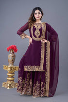 Plum Purple Embroidered Sharara Suit for Women Festive Wedding Wear Ensemble