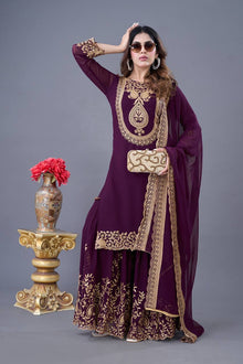 Plum Purple Embroidered Sharara Suit for Women Festive Wedding Wear Ensemble
