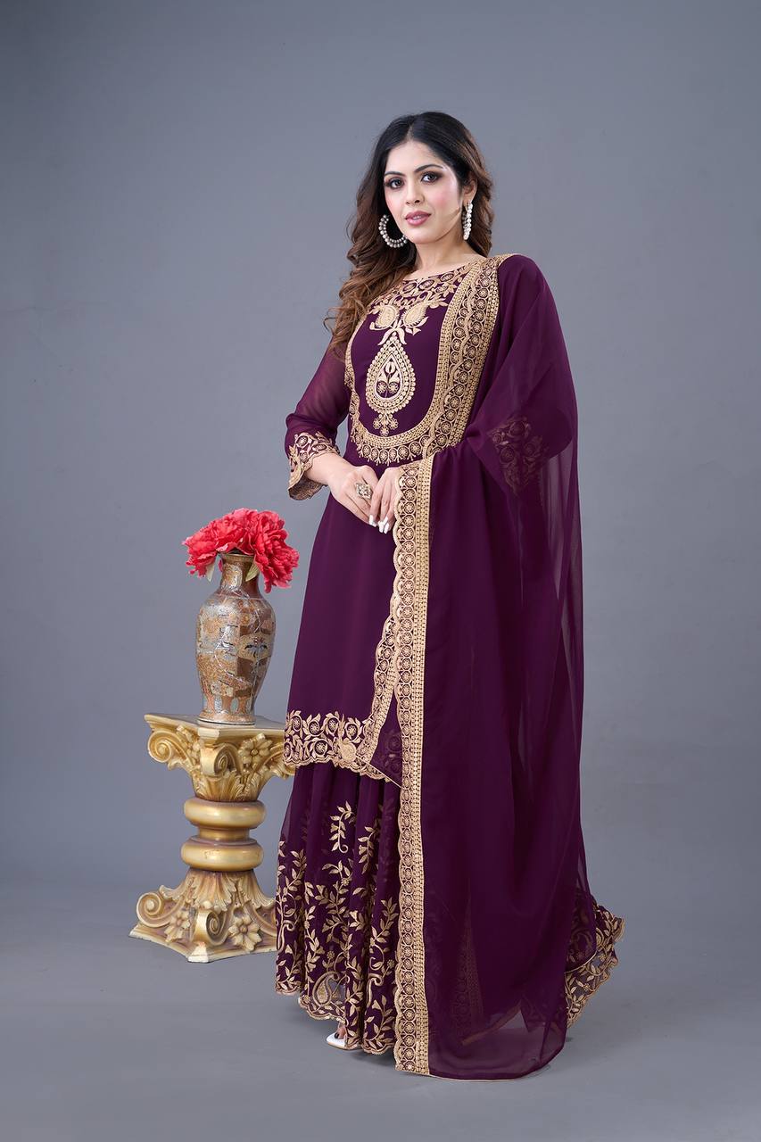 Plum Purple Embroidered Sharara Suit for Women Festive Wedding Wear Ensemble