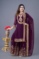 Plum Purple Embroidered Sharara Suit for Women Festive Wedding Wear Ensemble