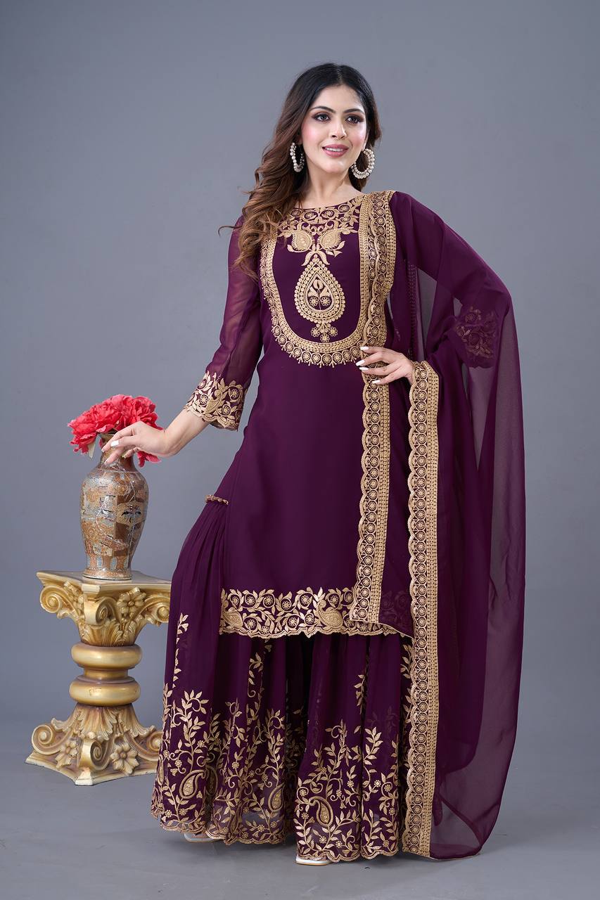 Plum Purple Embroidered Sharara Suit for Women Festive Wedding Wear Ensemble