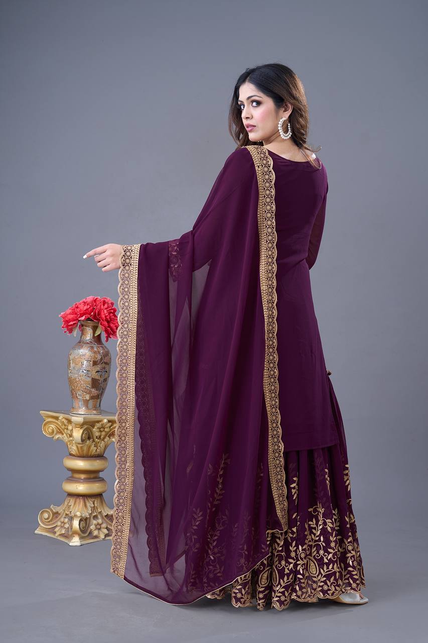 Plum Purple Embroidered Sharara Suit for Women Festive Wedding Wear Ensemble
