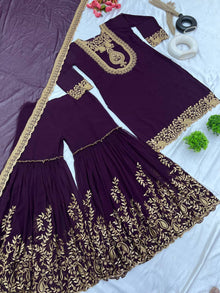 Plum Purple Embroidered Sharara Suit for Women Festive Wedding Wear Ensemble