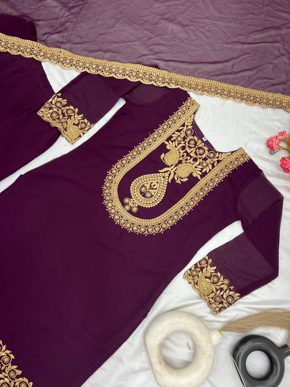 Plum Purple Embroidered Sharara Suit for Women Festive Wedding Wear Ensemble