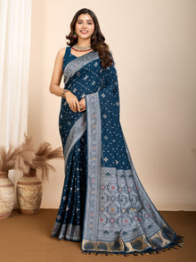 Graceful pure blue silk saree with traditional Mina Kari weaving and rich zari pallu