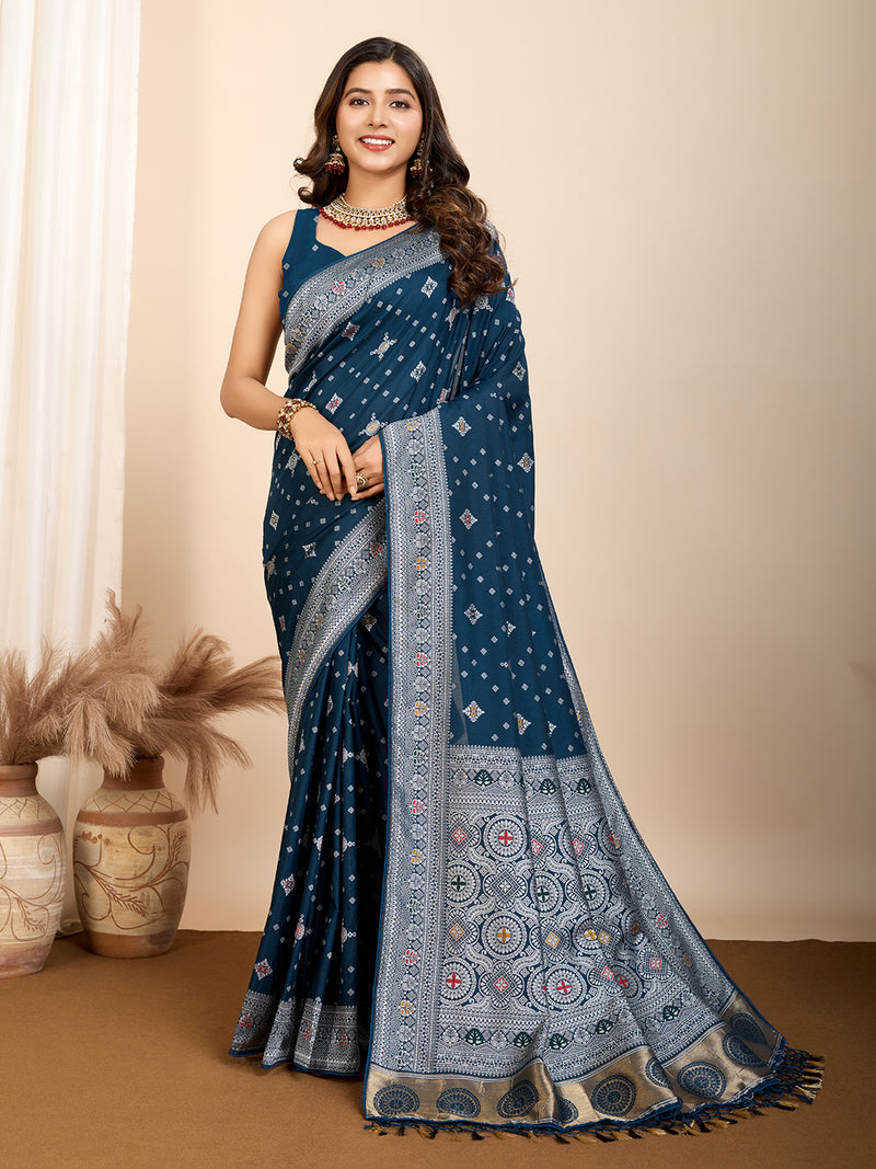Graceful pure blue silk saree with traditional Mina Kari weaving and rich zari pallu