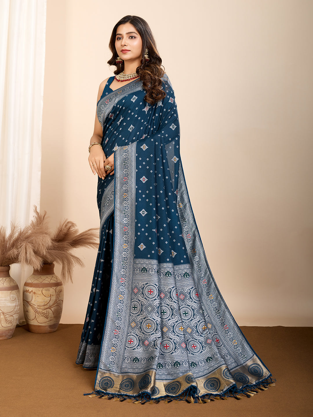 Graceful pure blue silk saree with traditional Mina Kari weaving and rich zari pallu