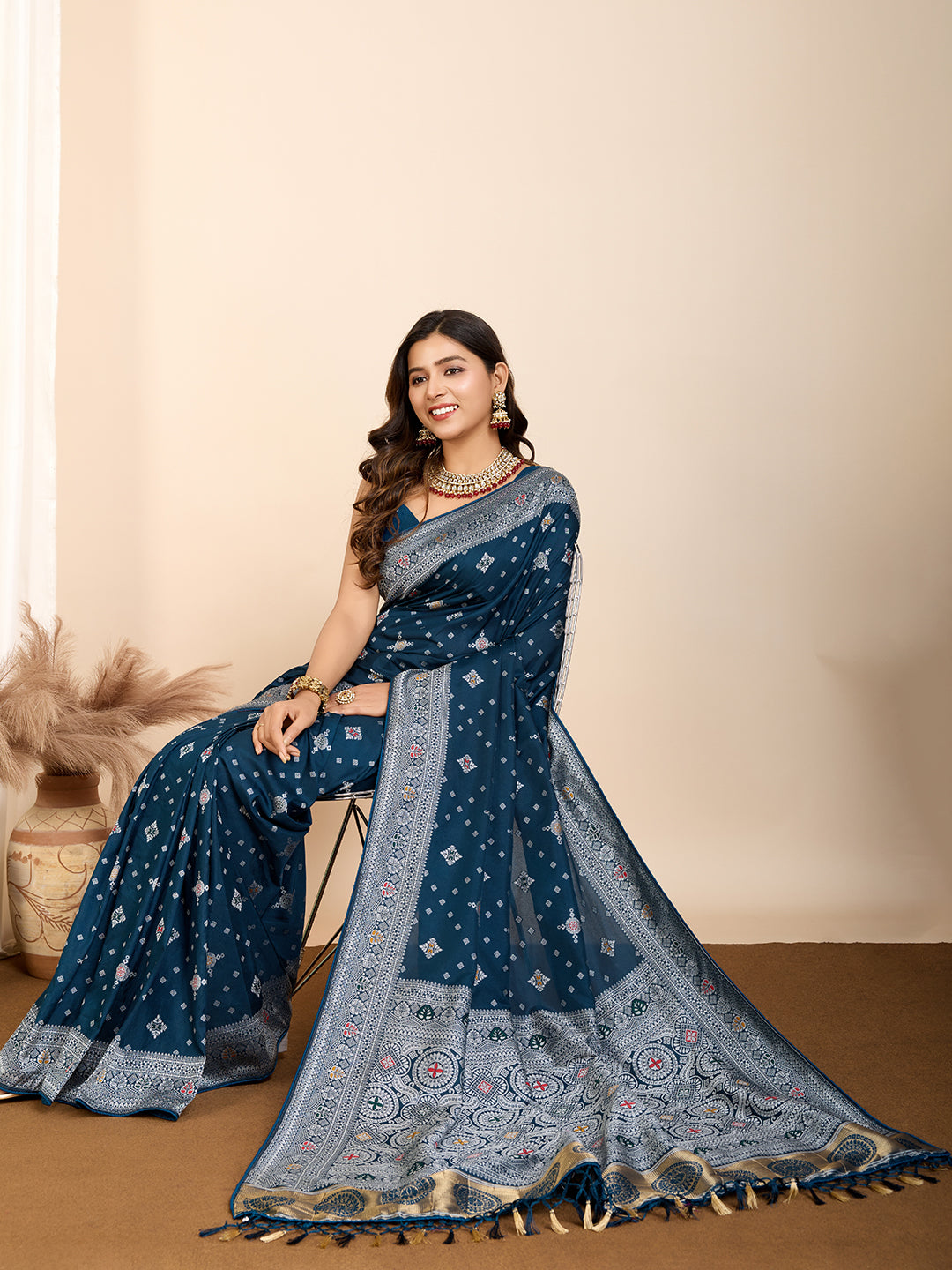Graceful pure blue silk saree with traditional Mina Kari weaving and rich zari pallu