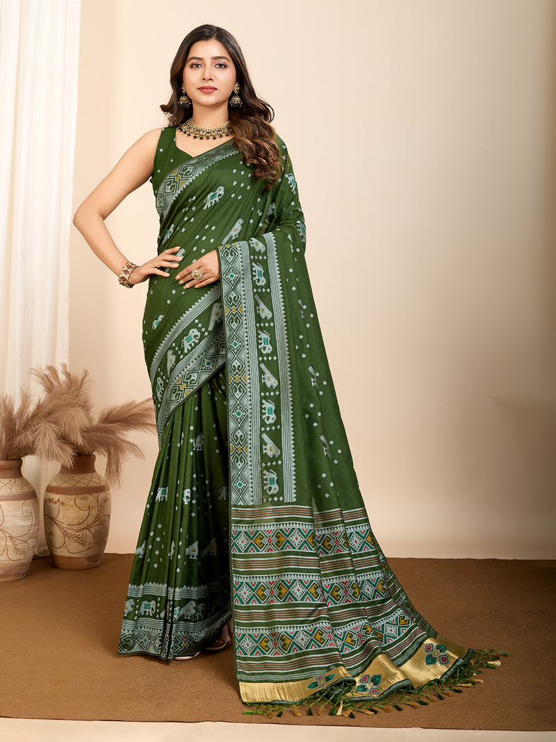 Pure Green Silk Saree with Meena Kari Weaving & Rich Pallu Elegant Festive