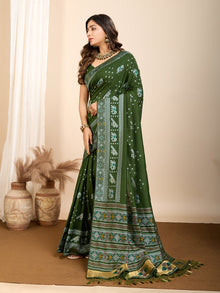 Pure Green Silk Saree with Meena Kari Weaving & Rich Pallu Elegant Festive