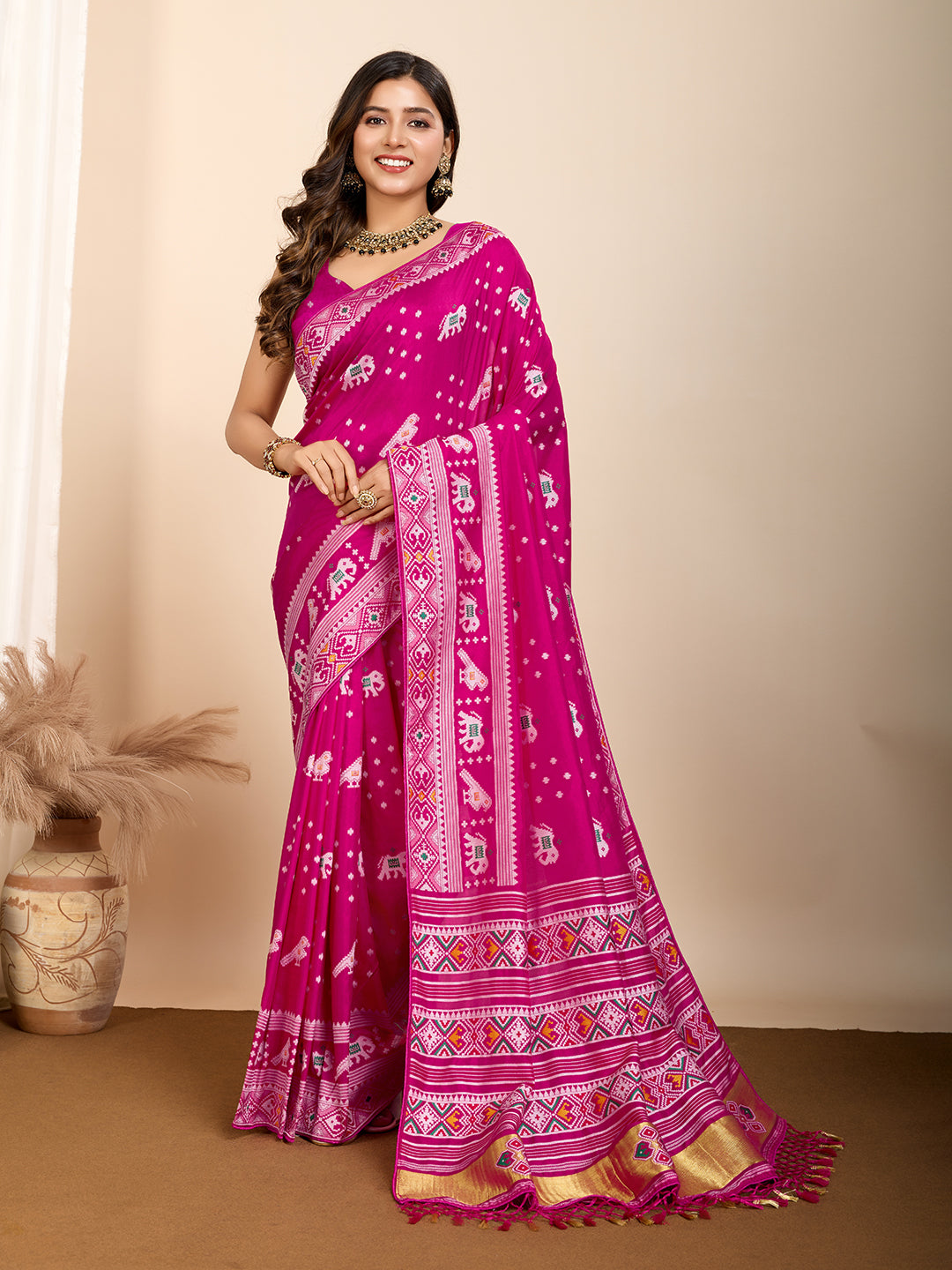 Pure Pink Silk Saree with Meena Kari Weaving and  Rich Pallu Festive Collection
