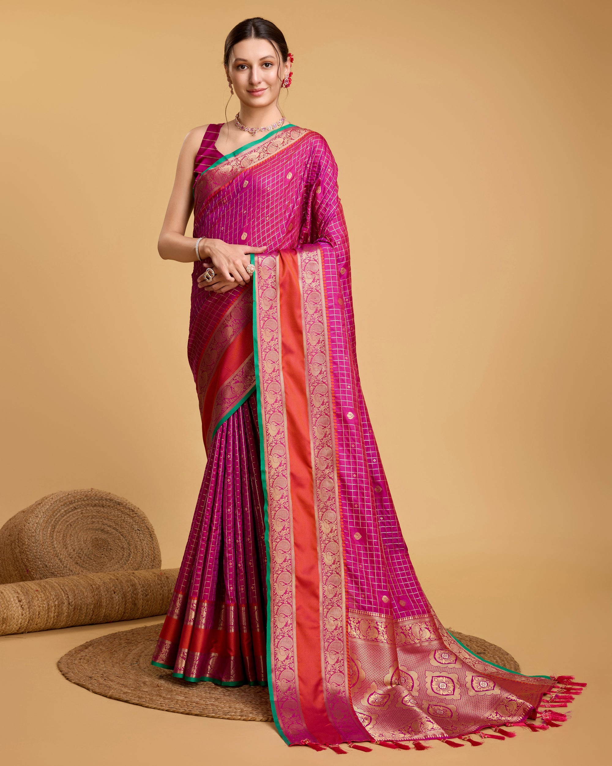Pure Pink Silk Saree with Meenakari Weaving & Rich Contrast Pallu  Festive