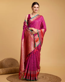 Pure Pink Silk Saree with Meenakari Weaving & Rich Contrast Pallu  Festive