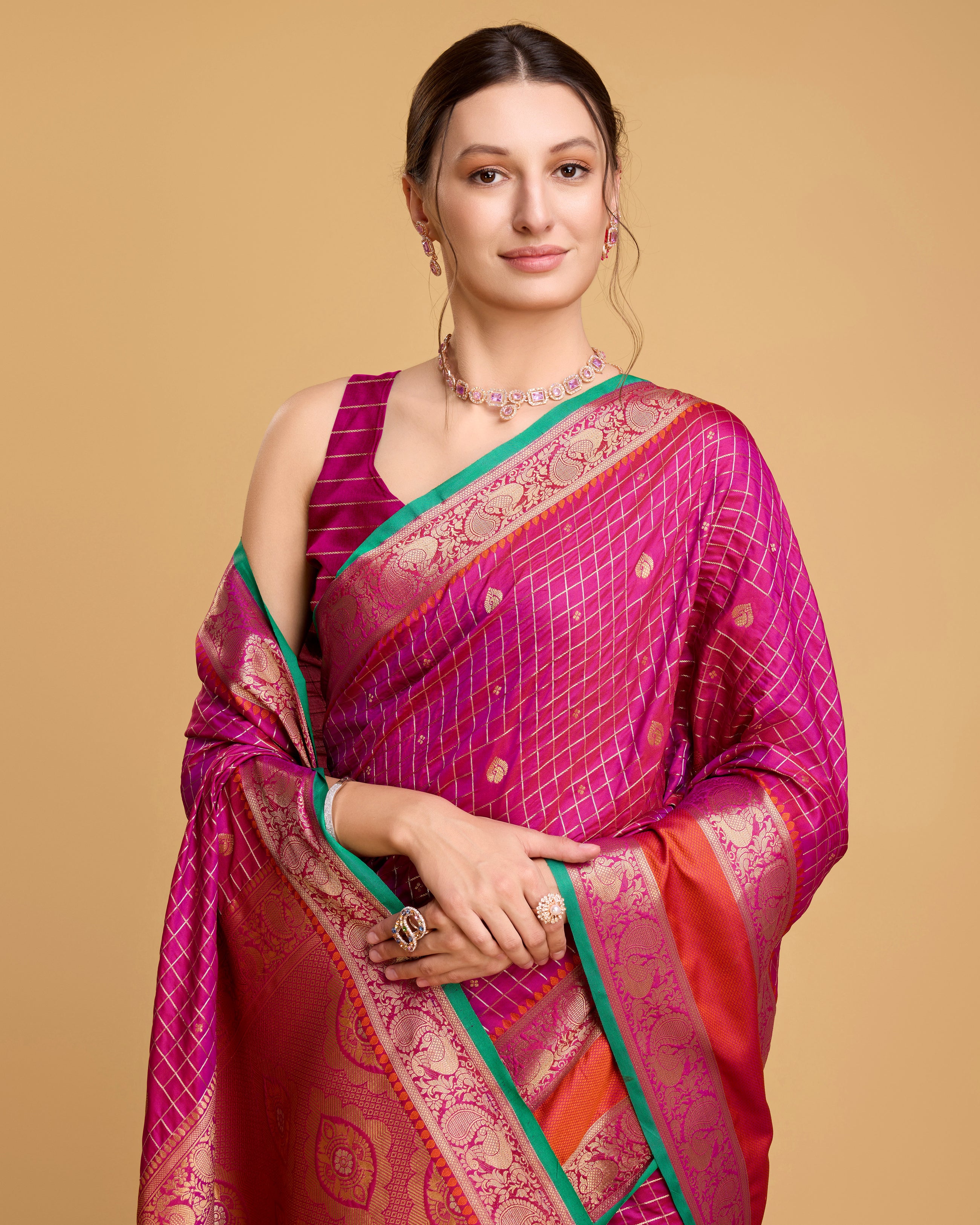 Pure Pink Silk Saree with Meenakari Weaving & Rich Contrast Pallu  Festive