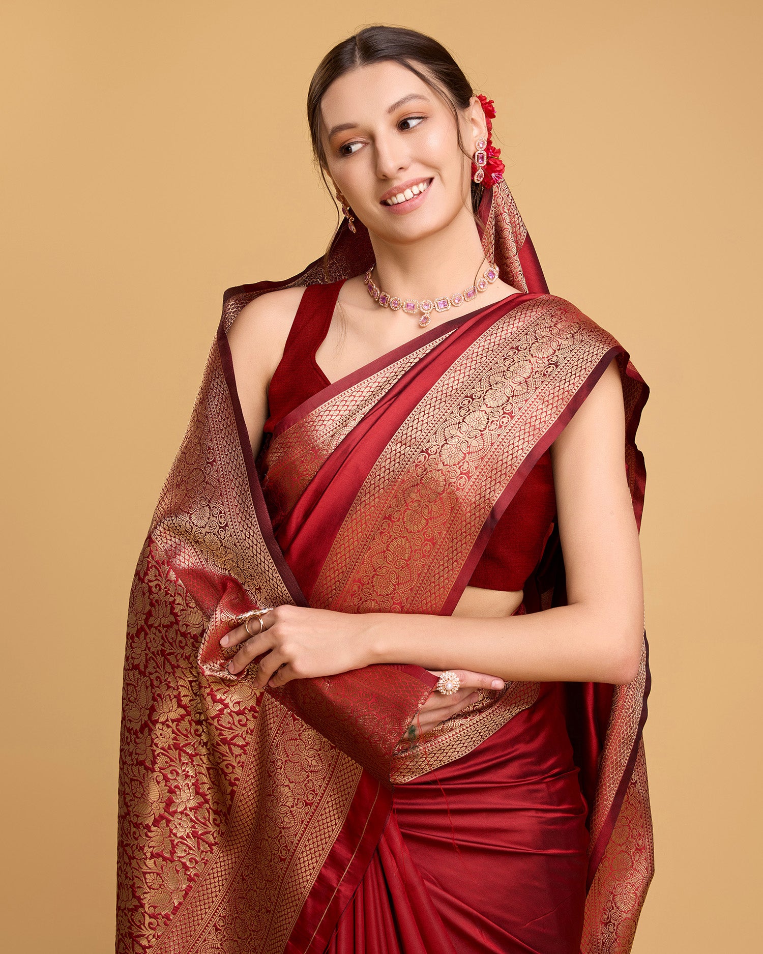 Pure Red Silk Saree with All Over Weaving & Rich Pallu Bridal Festive Collection