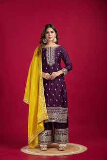 Purple Mirror Work Sharara Suit with Yellow Dupatta Festive and Wedding Ethnic Wear