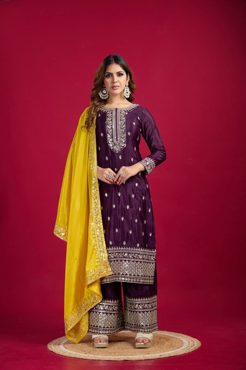 Purple Mirror Work Sharara Suit with Yellow Dupatta Festive and Wedding Ethnic Wear