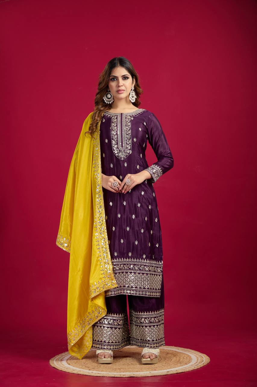 Purple Mirror Work Sharara Suit with Yellow Dupatta Festive and Wedding Ethnic Wear