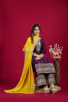Purple Mirror Work Sharara Suit with Yellow Dupatta Festive and Wedding Ethnic Wear