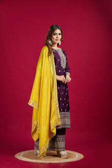 Purple Mirror Work Sharara Suit with Yellow Dupatta Festive and Wedding Ethnic Wear