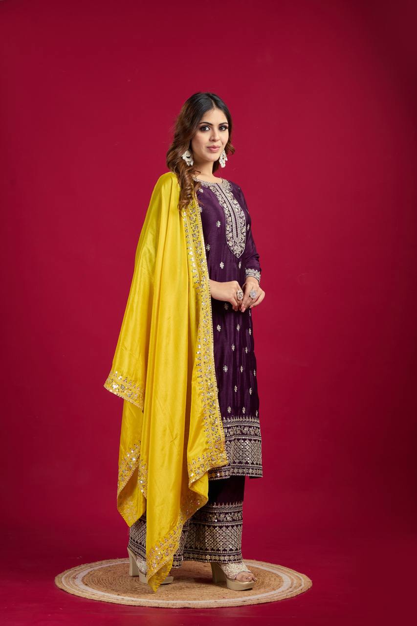 Purple Mirror Work Sharara Suit with Yellow Dupatta Festive and Wedding Ethnic Wear