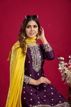 Purple Mirror Work Sharara Suit with Yellow Dupatta Festive and Wedding Ethnic Wear