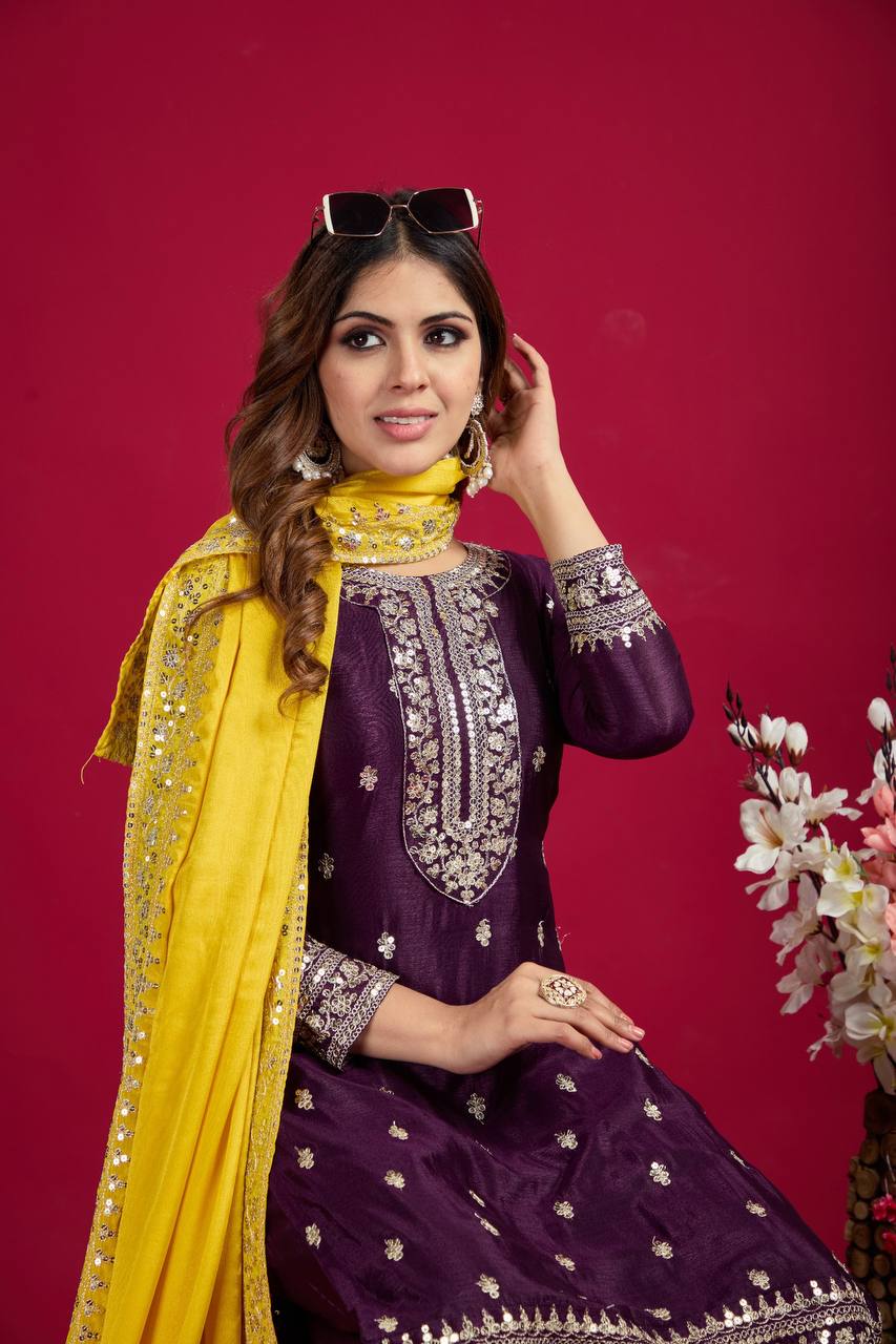 Purple Mirror Work Sharara Suit with Yellow Dupatta Festive and Wedding Ethnic Wear