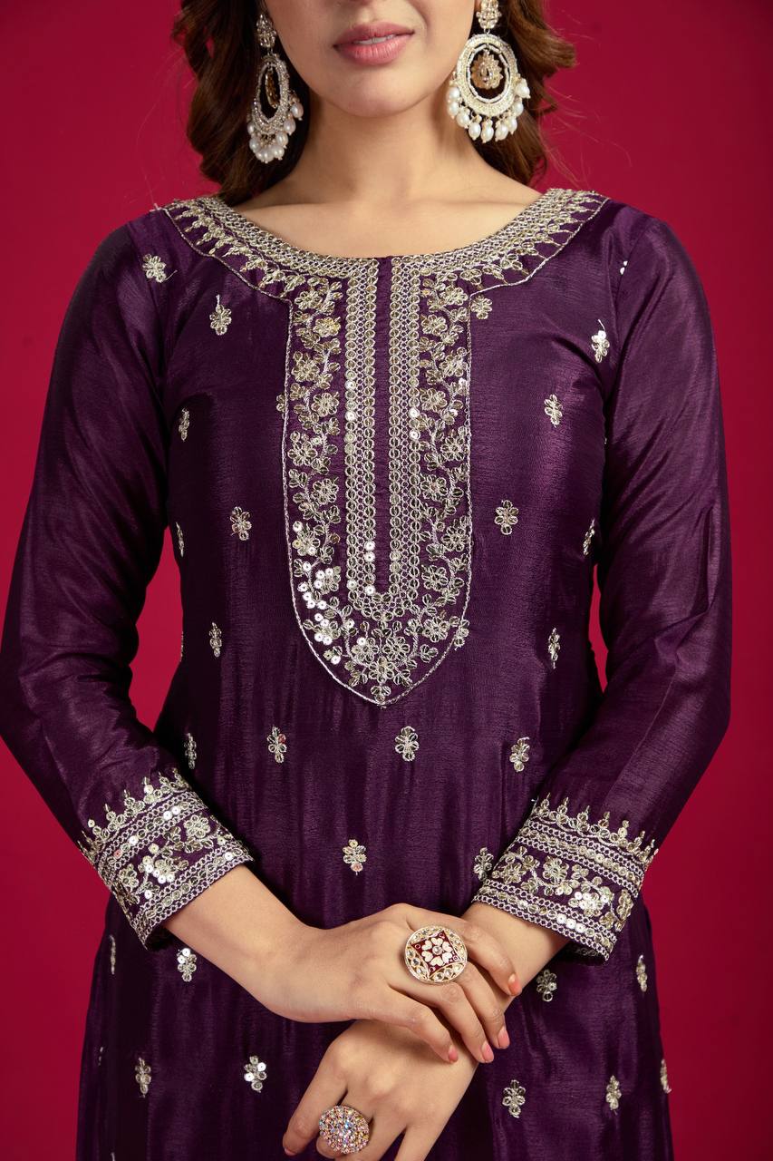 Purple Mirror Work Sharara Suit with Yellow Dupatta Festive and Wedding Ethnic Wear