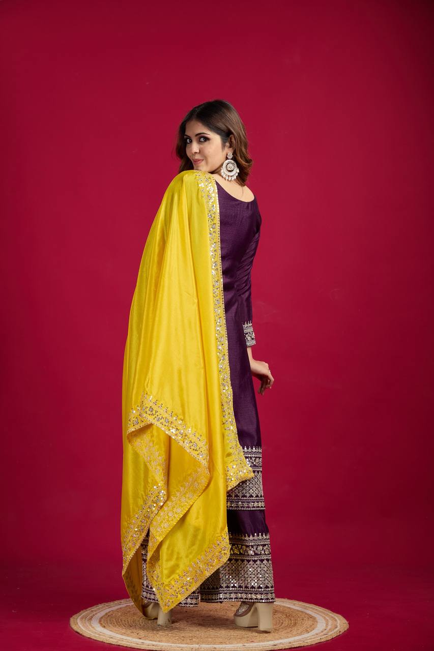 Purple Mirror Work Sharara Suit with Yellow Dupatta Festive and Wedding Ethnic Wear