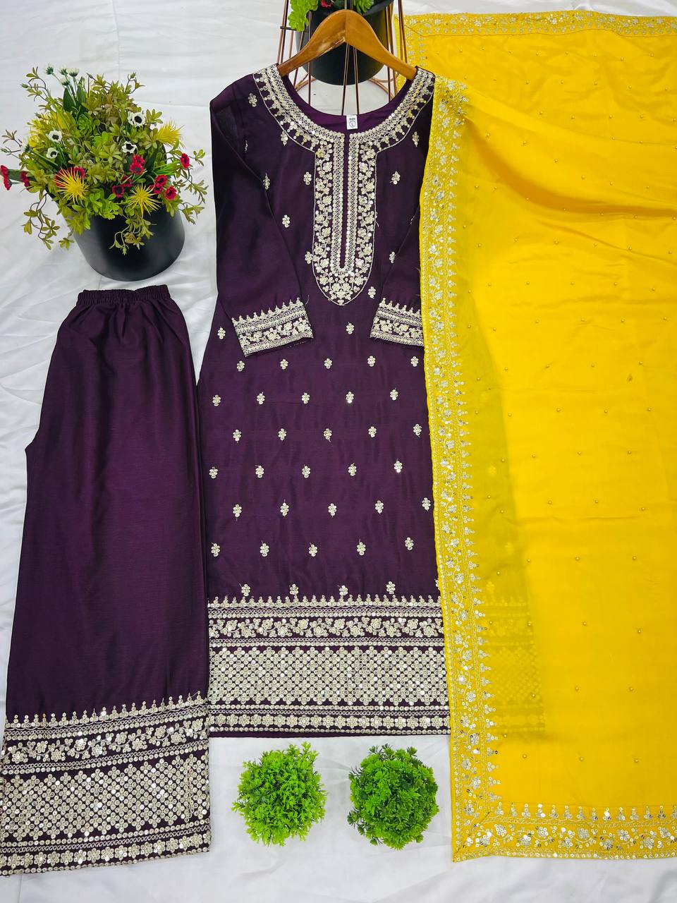 Purple Mirror Work Sharara Suit with Yellow Dupatta Festive and Wedding Ethnic Wear