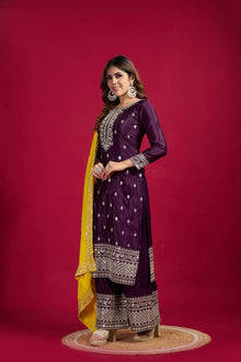 Purple Mirror Work Sharara Suit with Yellow Dupatta Festive and Wedding Ethnic Wear