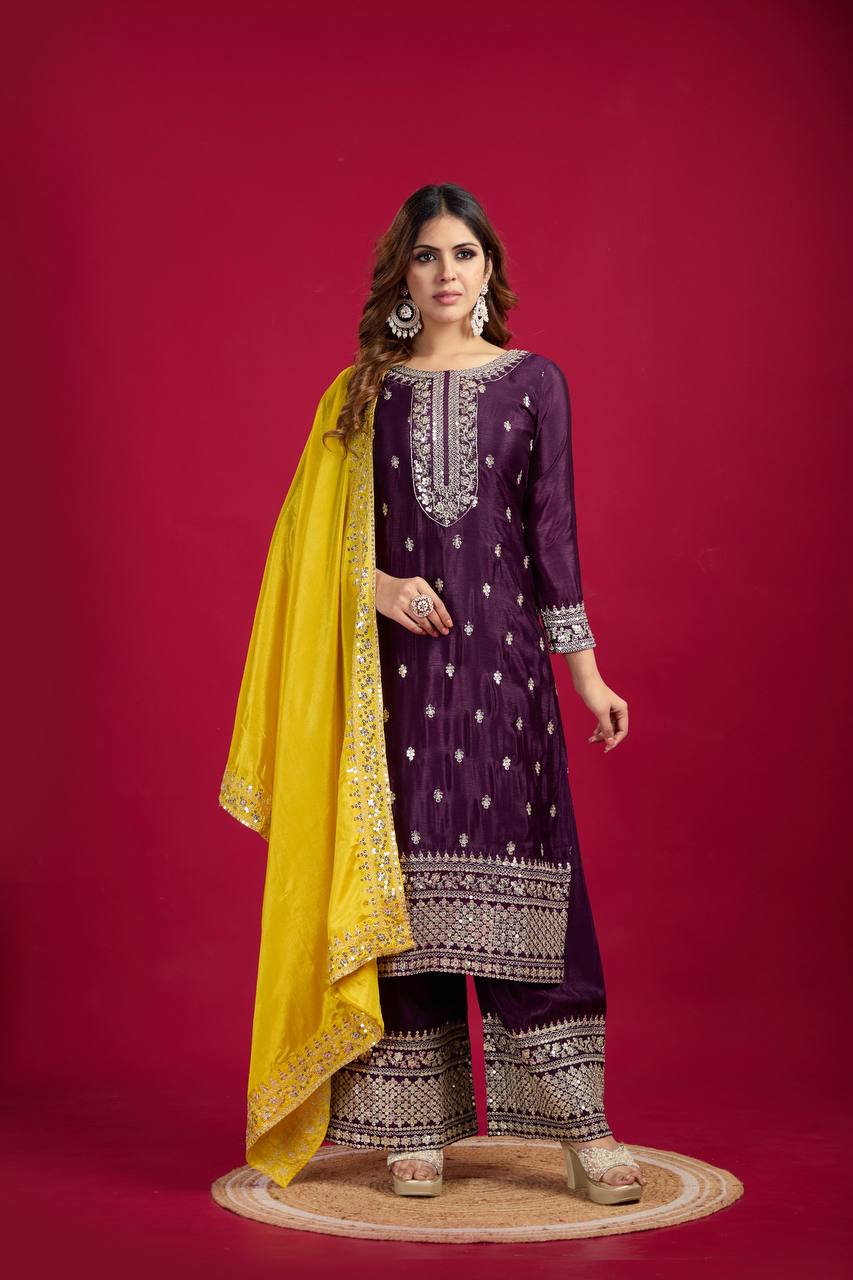 Purple Mirror Work Sharara Suit with Yellow Dupatta Festive and Wedding Ethnic Wear