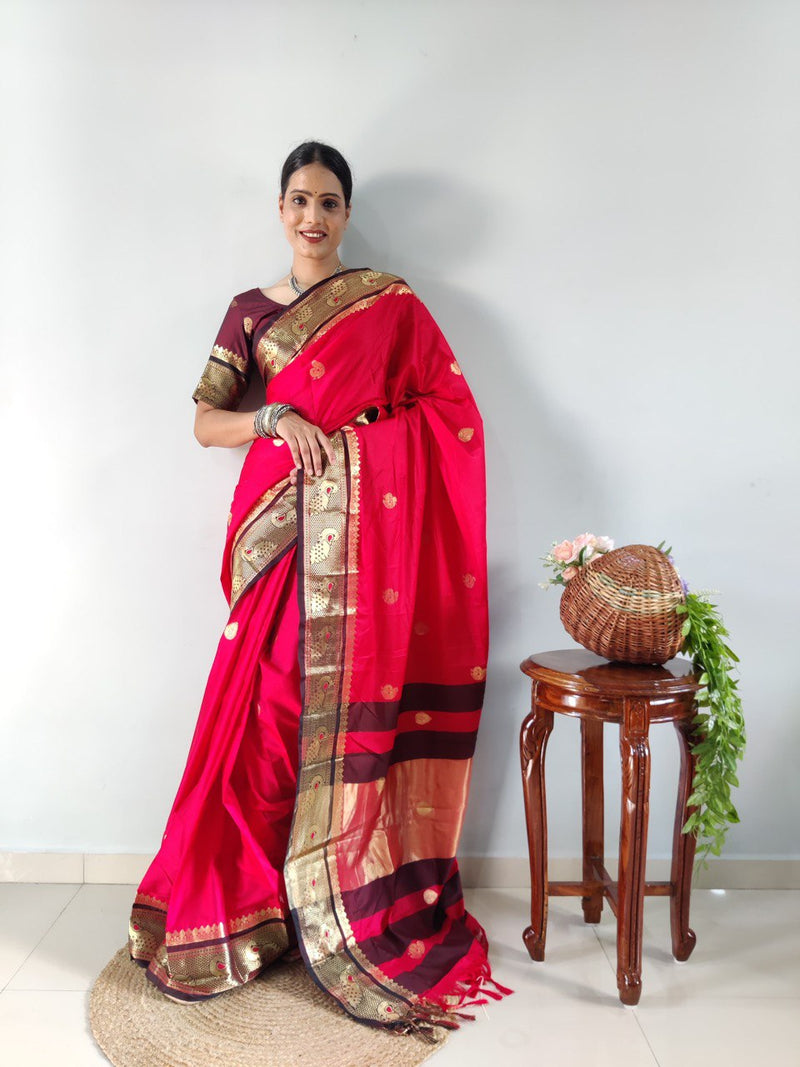 Radiant Pink Kanjivaram Silk Saree with Golden Zari Border