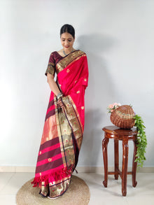 Radiant Pink Kanjivaram Silk Saree with Golden Zari Border