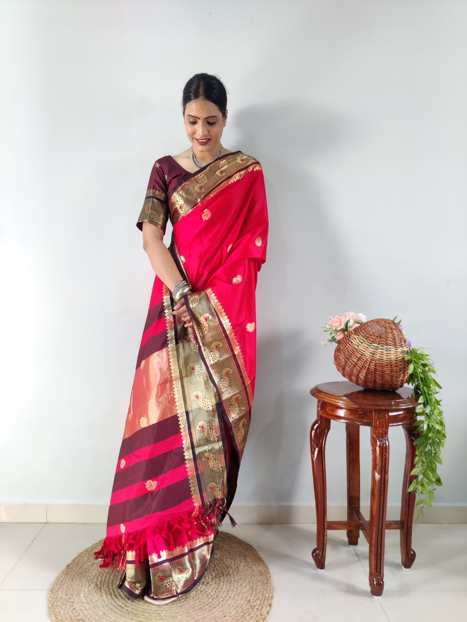 Radiant Pink Kanjivaram Silk Saree with Golden Zari Border