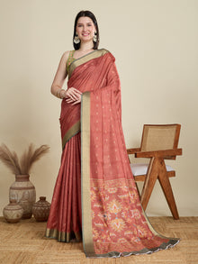 Red Semi Cotton Saree with Floral Weaving  Zari Border With Blouse