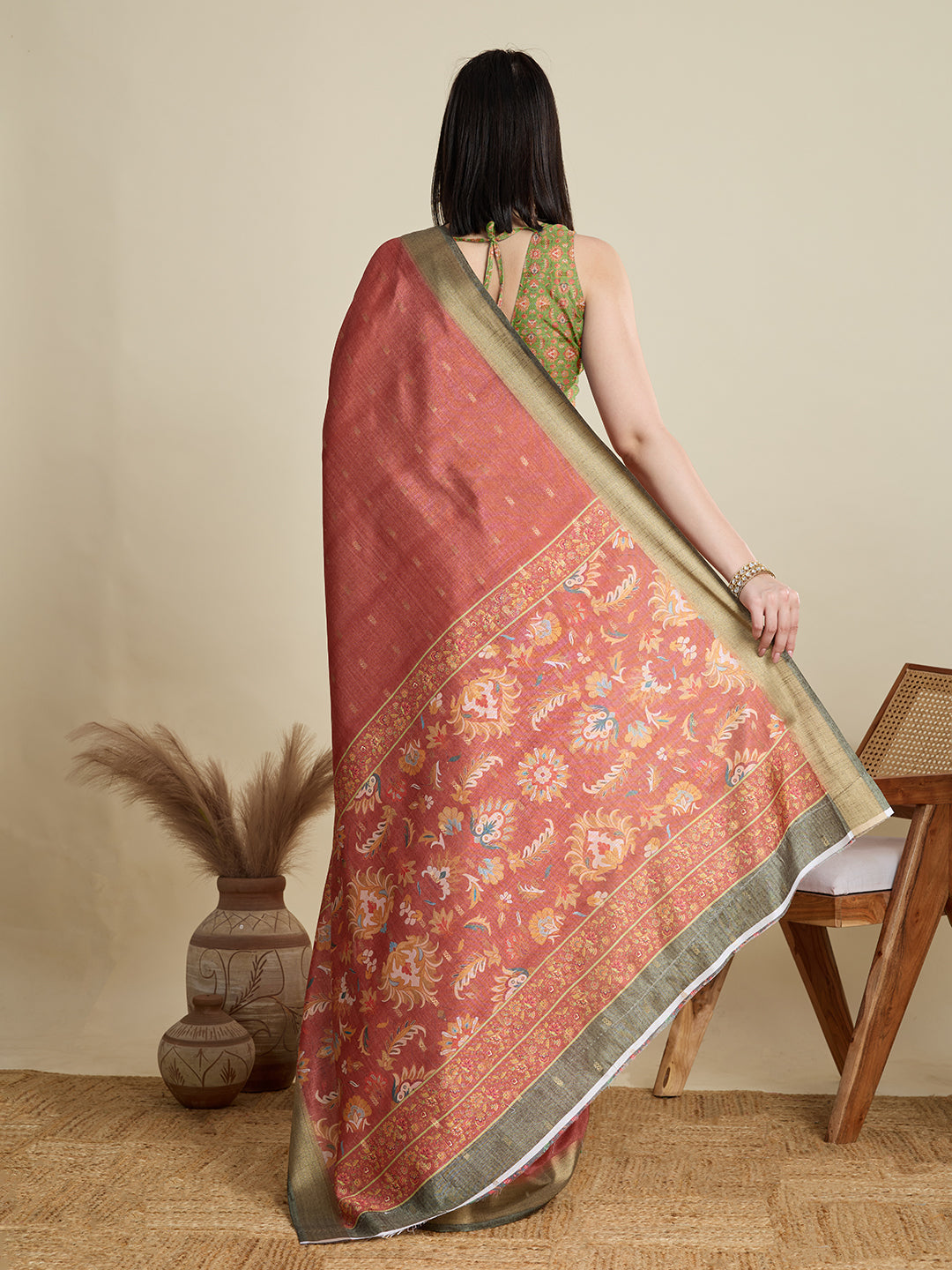Red Semi Cotton Saree with Floral Weaving  Zari Border With Blouse
