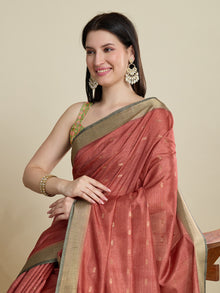 Red Semi Cotton Saree with Floral Weaving  Zari Border With Blouse