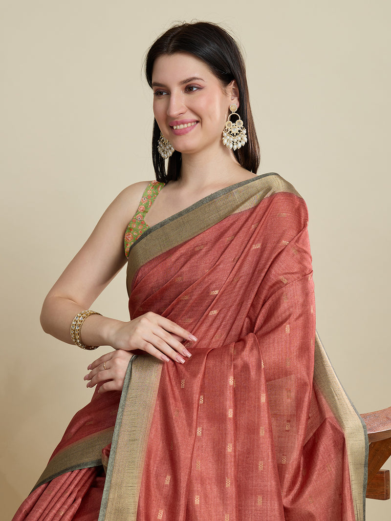 Red Semi Cotton Saree with Floral Weaving  Zari Border With Blouse