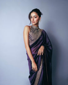 Regal Deep Purple Silk Saree with Heavy Embroidered High-Neck Blouse for Party and Reception
