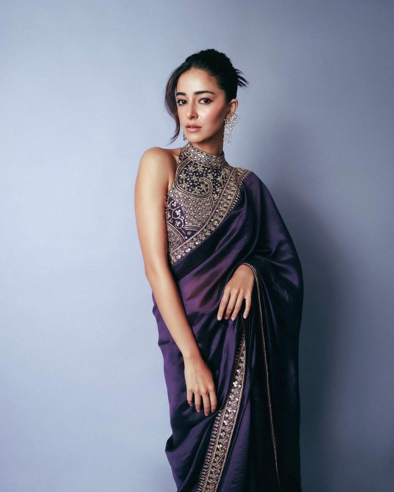 Regal Deep Purple Silk Saree with Heavy Embroidered High-Neck Blouse for Party and Reception