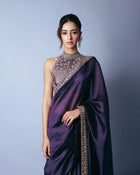 Regal Deep Purple Silk Saree with Heavy Embroidered High-Neck Blouse for Party and Reception