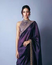 Regal Deep Purple Silk Saree with Heavy Embroidered High-Neck Blouse for Party and Reception