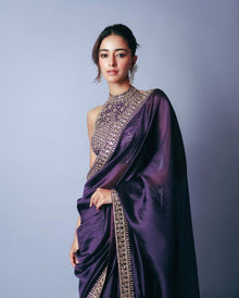 Regal Deep Purple Silk Saree with Heavy Embroidered High-Neck Blouse for Party and Reception