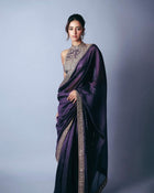 Regal Deep Purple Silk Saree with Heavy Embroidered High-Neck Blouse for Party and Reception