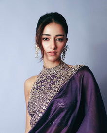 Regal Deep Purple Silk Saree with Heavy Embroidered High-Neck Blouse for Party and Reception
