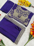 Regal Deep Purple Silk Saree with Heavy Embroidered High-Neck Blouse for Party and Reception