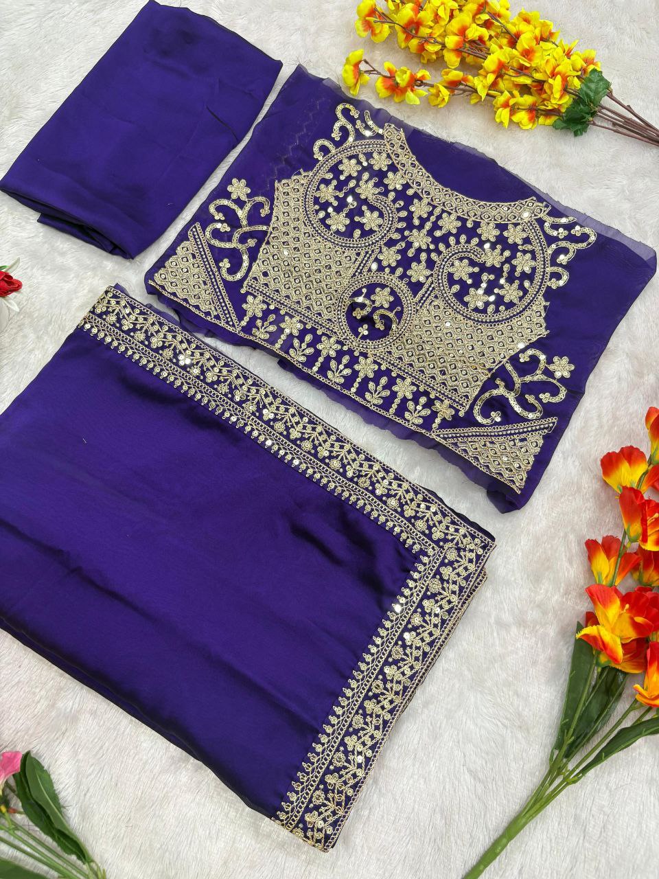 Regal Deep Purple Silk Saree with Heavy Embroidered High-Neck Blouse for Party and Reception