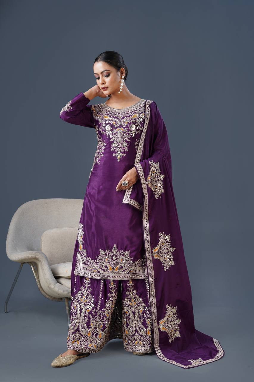 Regal Purple Embroidered Sharara Suit with Dupatta Bridal and Festive Wear